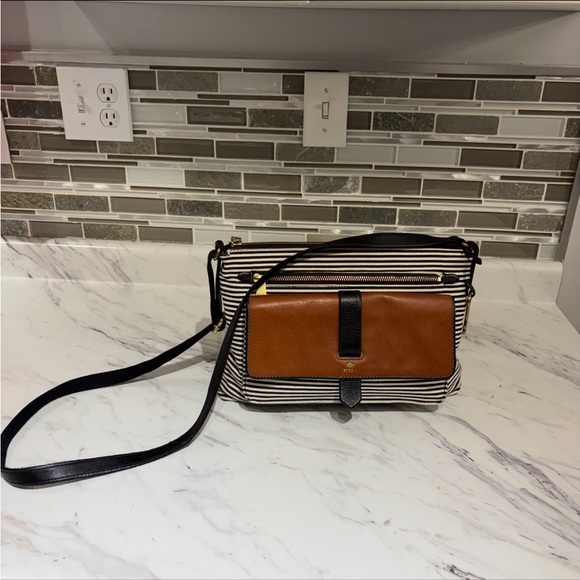 Fossil Handbags - Fossil Kinley Flap Striped Canvas and Brown Leather Pocket Crossbody Purse